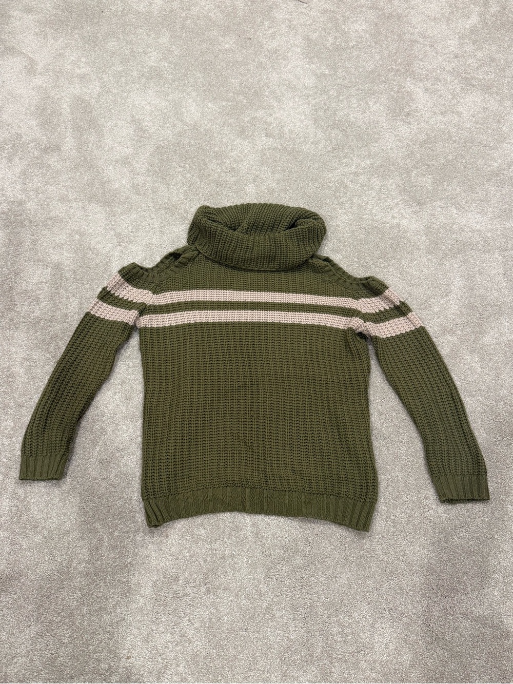 Cold-Shoulder Olive Cowl Sweater with Cream Stripe